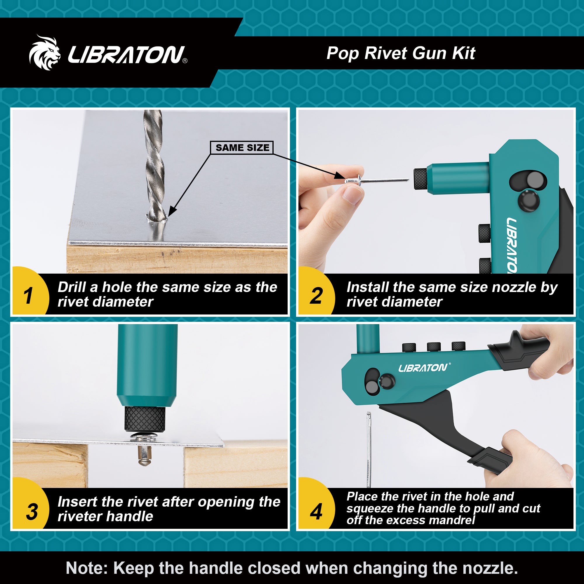 LIBRATON Rivet Gun Set, Pop Rivet Gun, Heavy Duty Rivet Tool, Professional Hand Riveter, Manual Riveting Tool with 120 Blind Rivets, 4 HSS Drill Bits, 4 Tool-free Interchangeable Heads