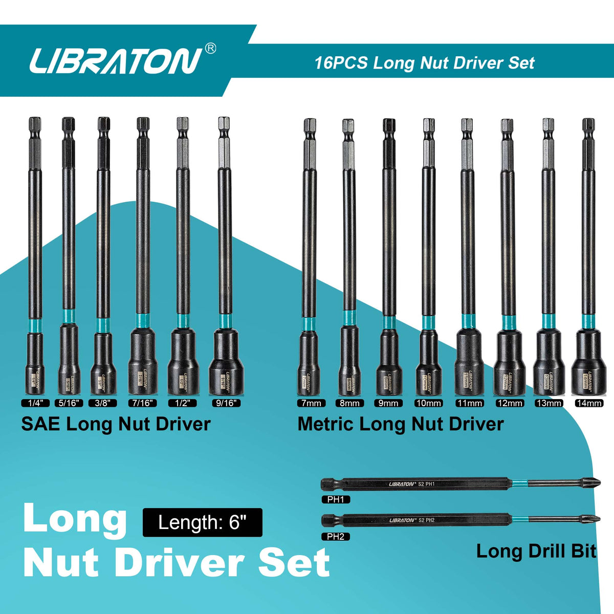 Libraton 16PCS Magnetic Nut Driver Set, 6" Long Metric & SAE Nut Drivers with PH Bits & Storage Bag