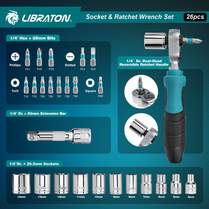 Libraton 26PCS 1/4" Drive Mini Socket & Ratchet Wrench Set with Bits