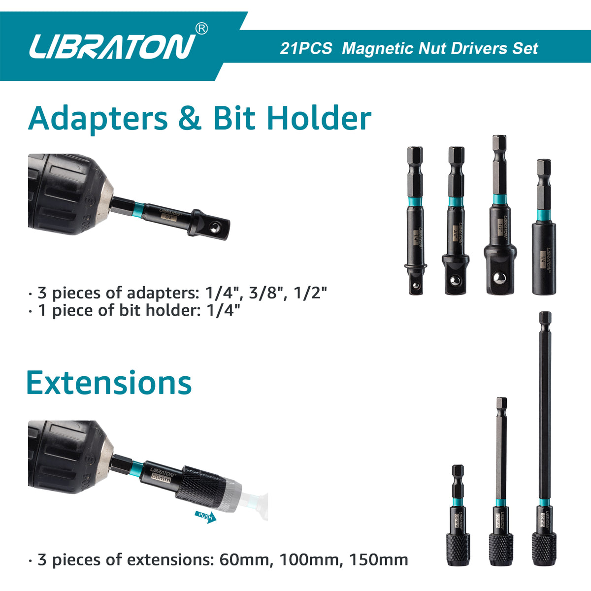 Libraton 21PCS Magnetic Nut Driver Set, Impact Grade Metric & SAE Bit Set