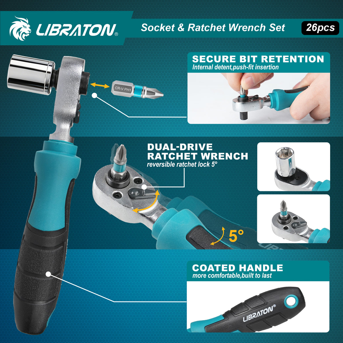 Libraton 26PCS 1/4" Drive Mini Socket & Ratchet Wrench Set with Bits