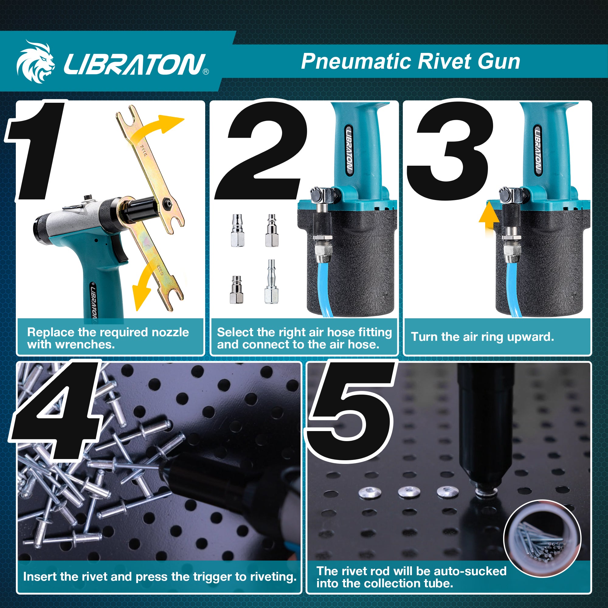 LIBRATON Pneumatic Rivet Gun Kit, Heavy Duty Air Riveter Tool