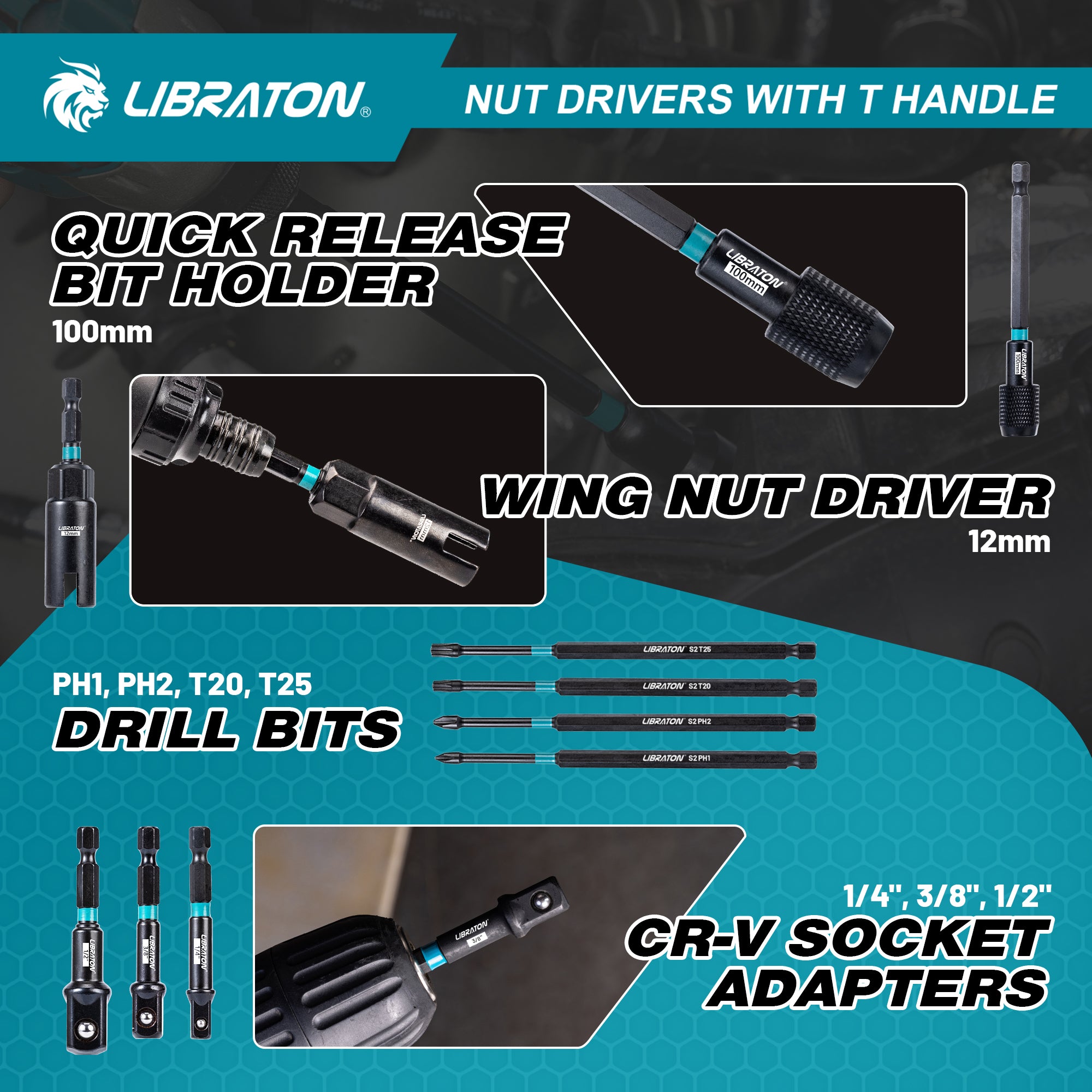 LIBRATON 27-Piece Magnetic Nut Driver Kit – SAE & Metric, Ratcheting T-Handle, Impact-Ready