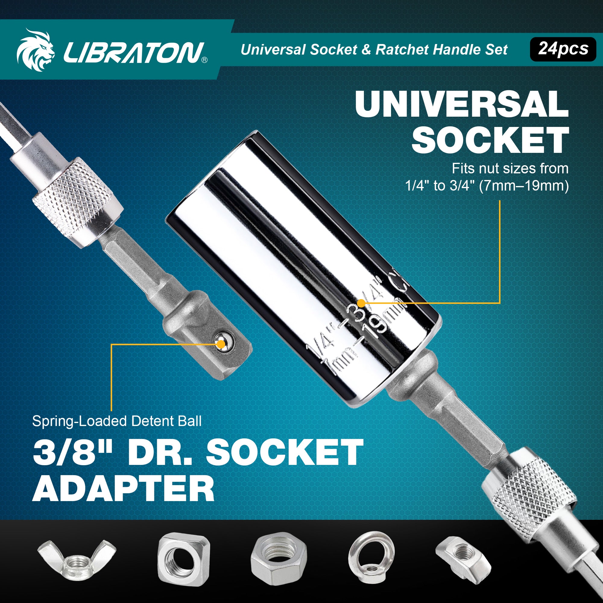 Libraton 24PCS Universal Socket & Ratchet T-Handle Master Set - Product Description