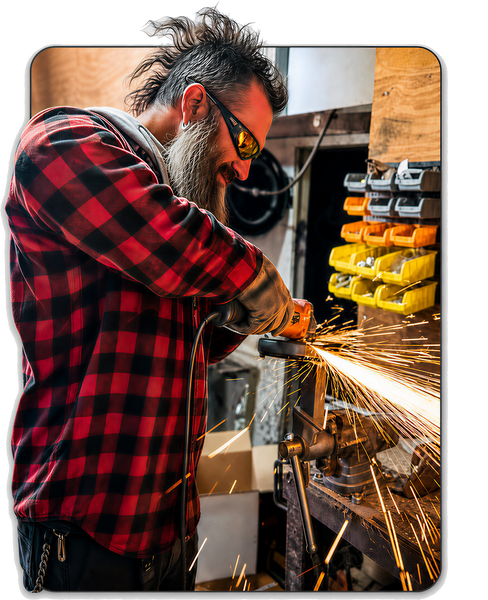 Man with mohawk and beard using an angle grinder, creating sparks in a workshop.