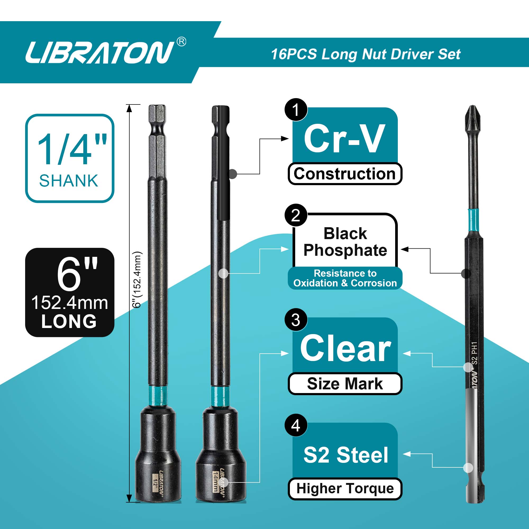 Libraton 16PCS Magnetic Nut Driver Set, 6" Long Metric & SAE Nut Drivers with PH Bits & Storage Bag
