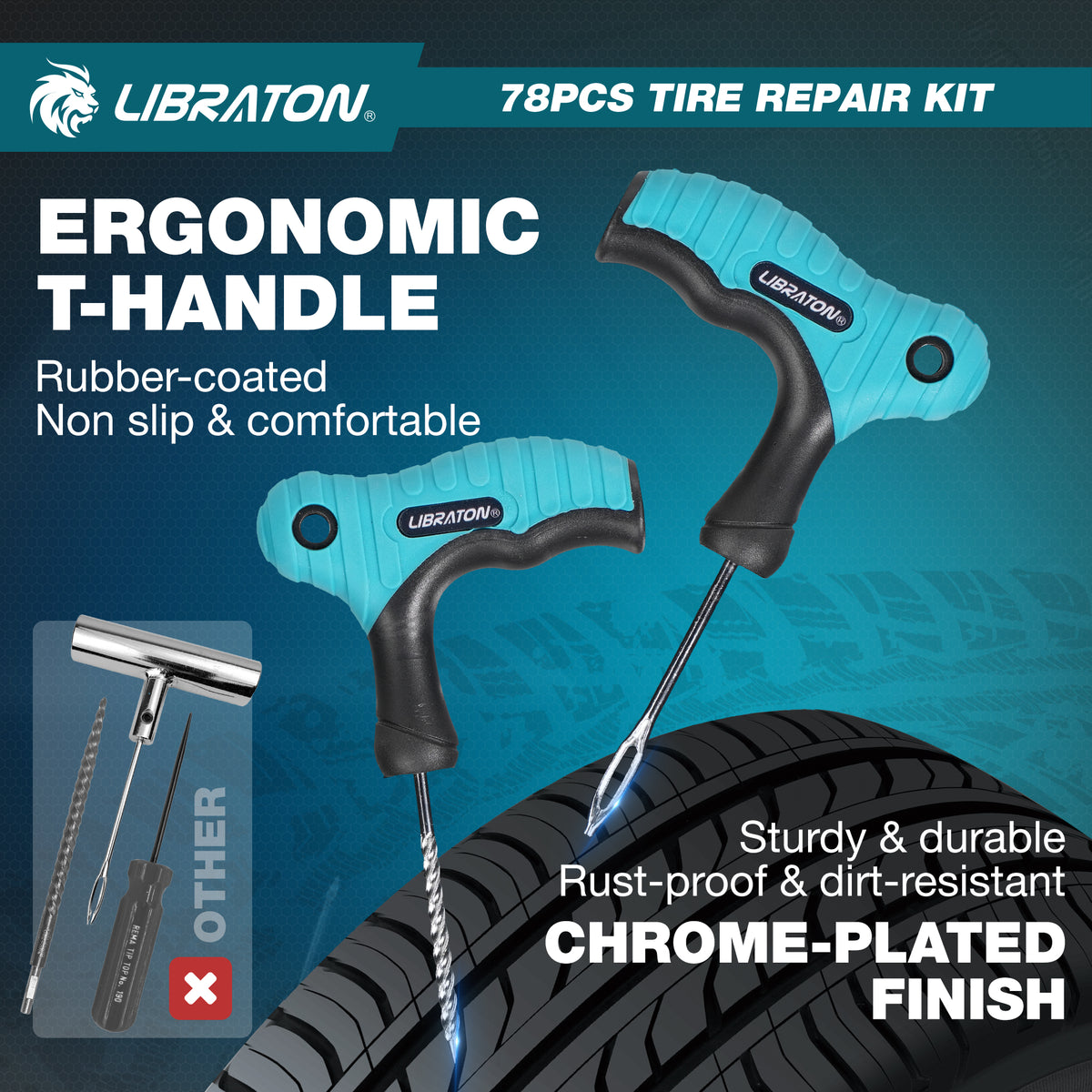 LIBRATON Tire Plug Kit, 78PCS Tire Repair Kit, Professional Tire Patch Kit