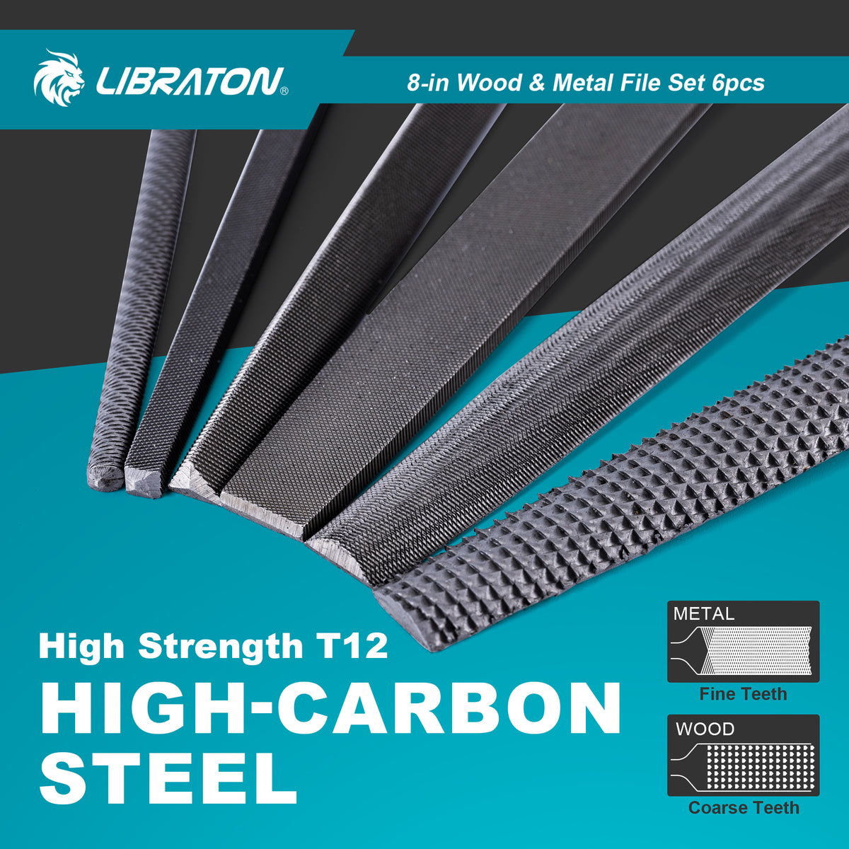 Libraton 8" High-Carbon Steel File Set, 6PCS (5 Metal Files & 1 Wood Rasp)