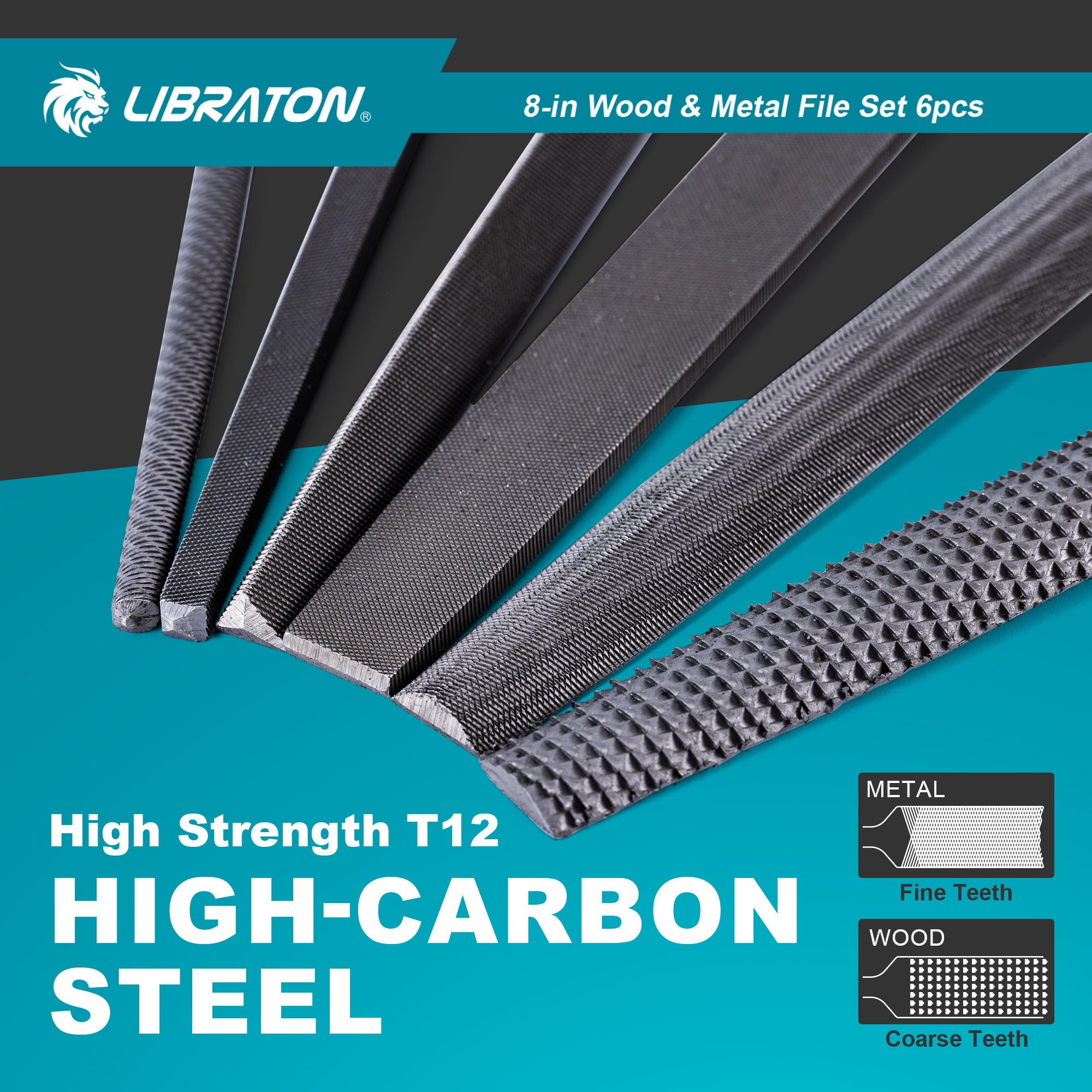 Libraton 8" High-Carbon Steel File Set, 6PCS (5 Metal Files & 1 Wood Rasp)