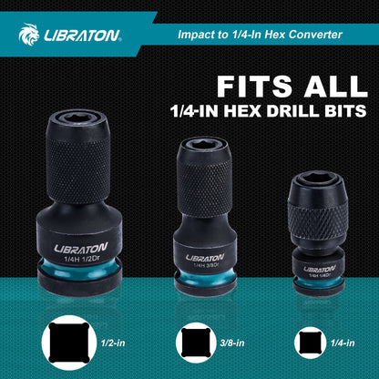 LIBRATON Impact Socket to 1/4" Hex Adapter Set – 1/2", 3/8", 1/4" Drive Converters