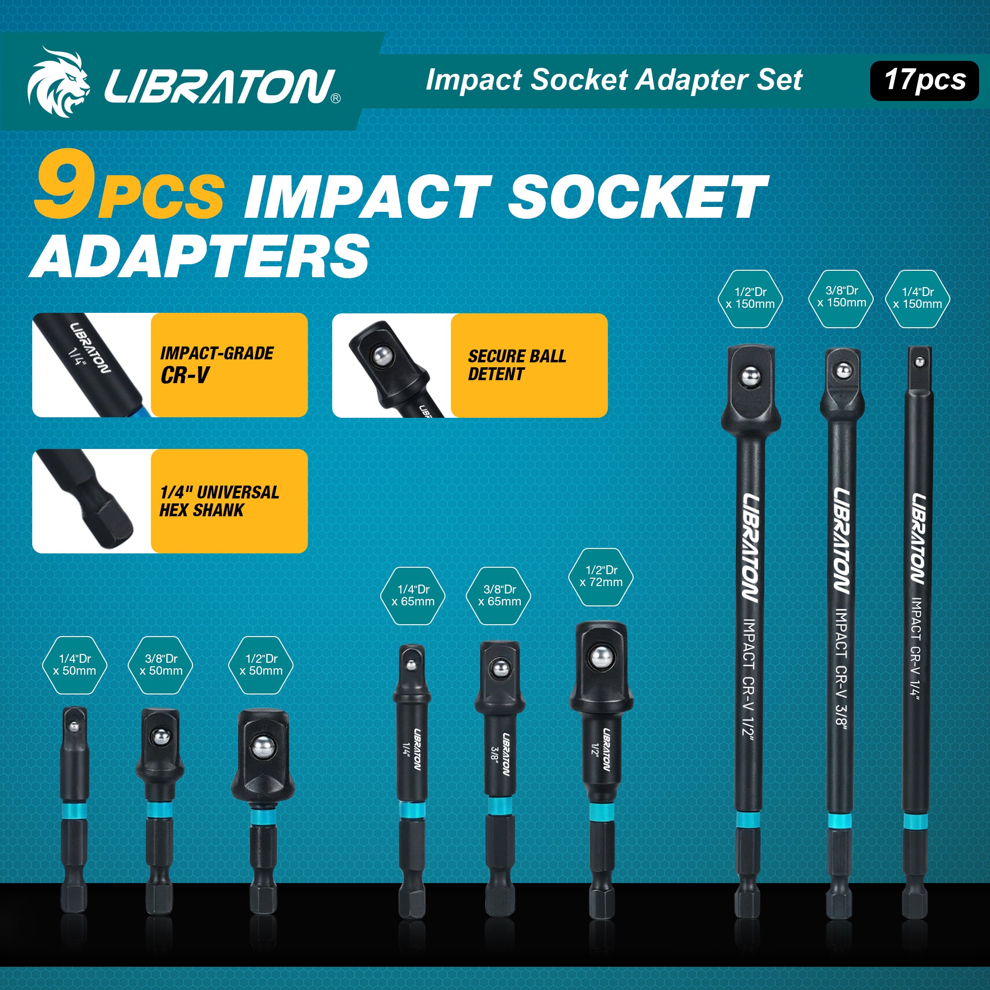 LIBRATON 17PCS Impact Socket Adapter Set | 1/4", 3/8", 1/2" Drive Adapters with Quick Release Holder & Extension Accessories