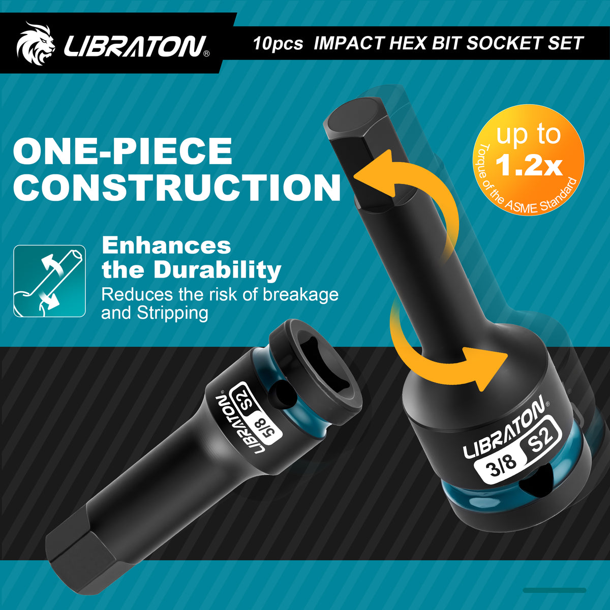 LIBRATON Impact Hex Bit Socket Set, 1/2" Dr, S2 Steel, High Torque Sockets