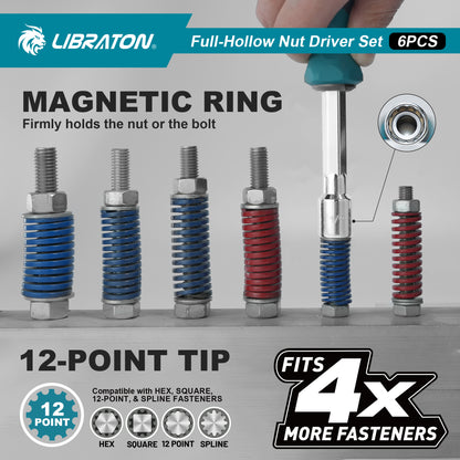 LIBRATON 6-Pc SAE Full-Hollow Nut Drivers – 12-Point Magnetic, 1/4" to 1/2" (6 Sizes), Long-Bolt Ready