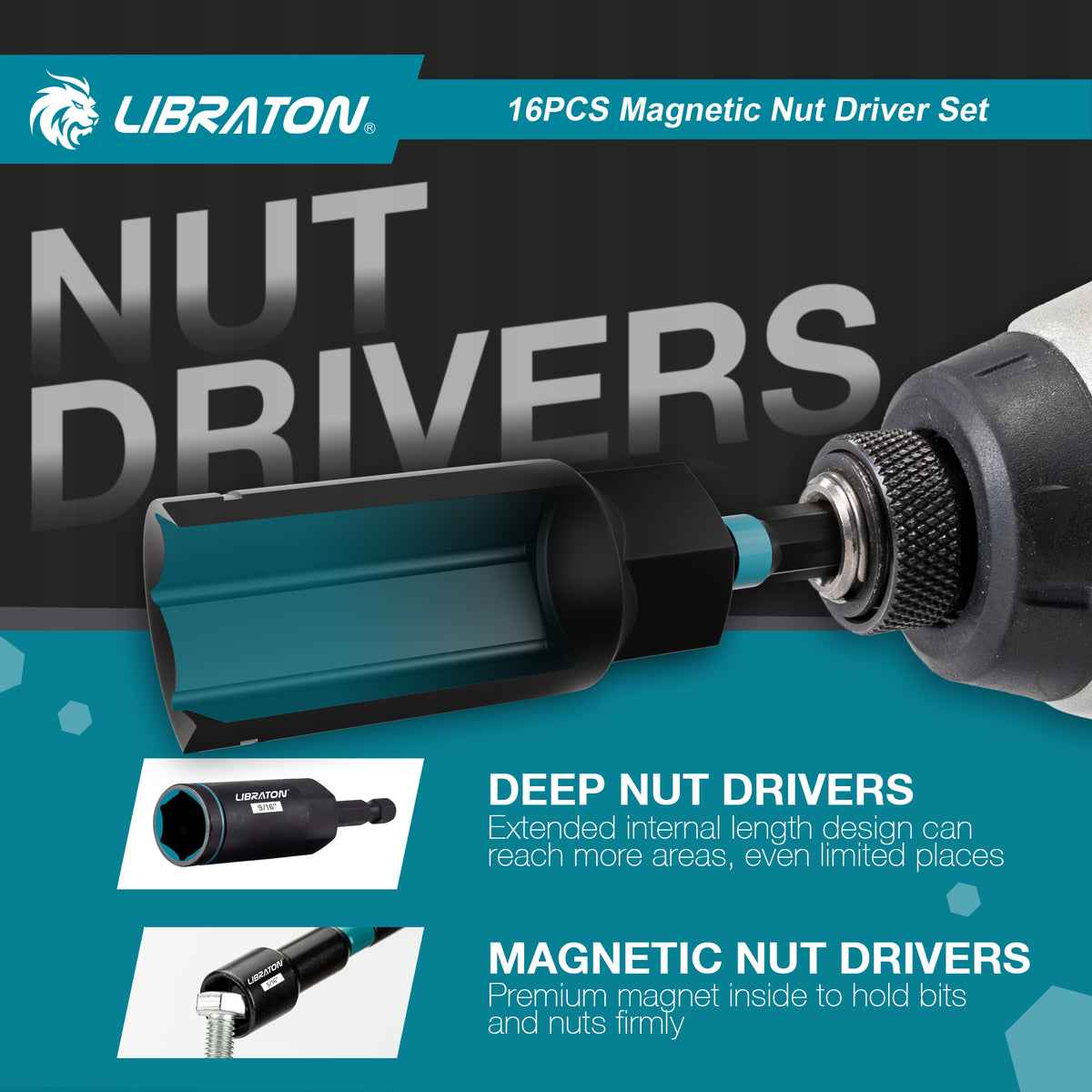 LIBRATON 16-Piece Magnetic Nut Driver Set, 1/4"-9/16" SAE&Metric, Car Repair Kit