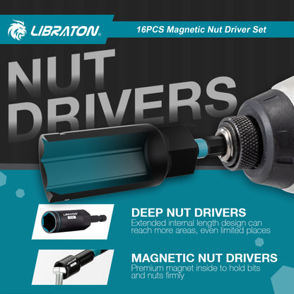 LIBRATON 16-Piece Magnetic Nut Driver Set, 1/4"-9/16" SAE&Metric, Car Repair Kit