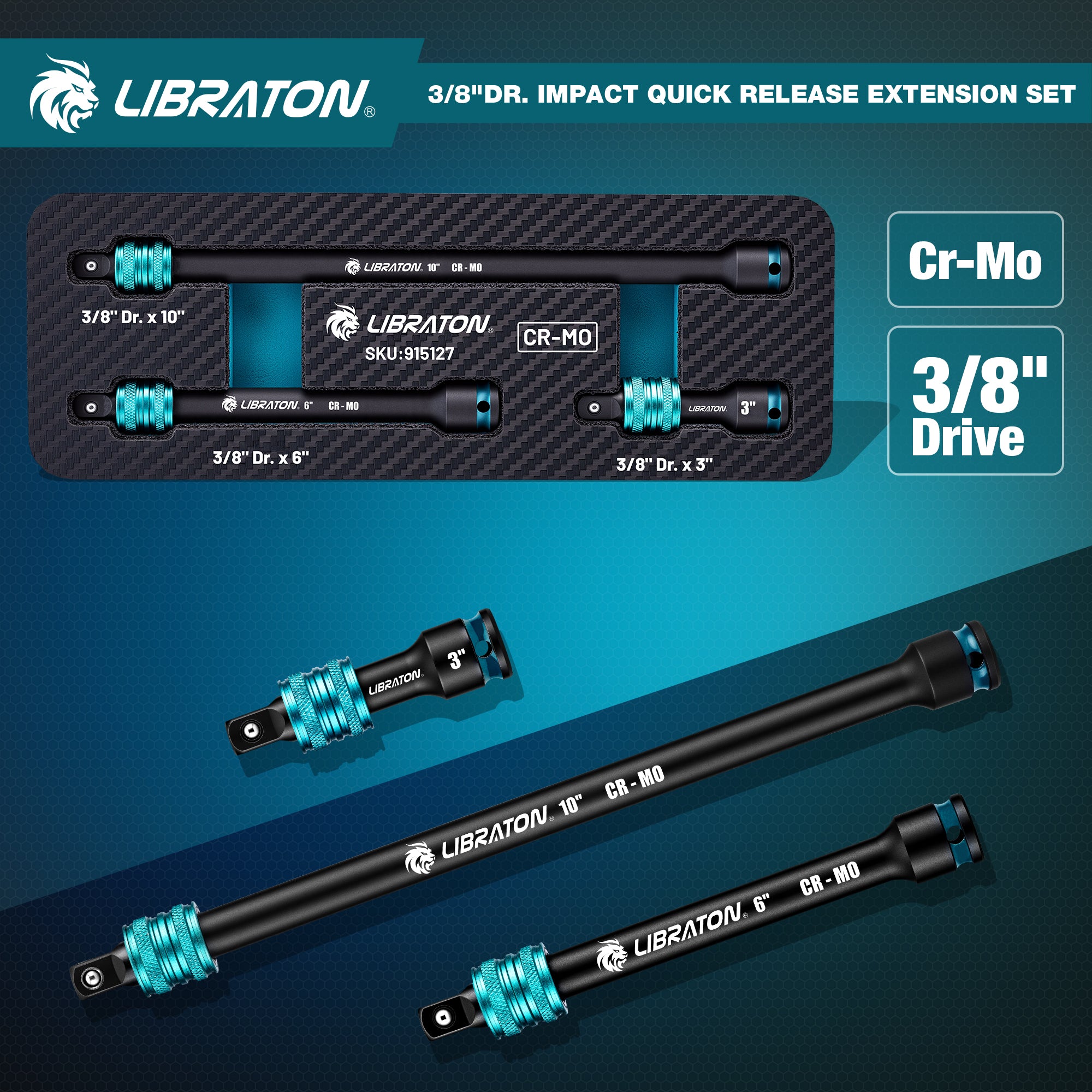 LIBRATON 3/8" Drive Locking Impact Extension Bar Set | 3-Piece Quick Release Socket Extensions