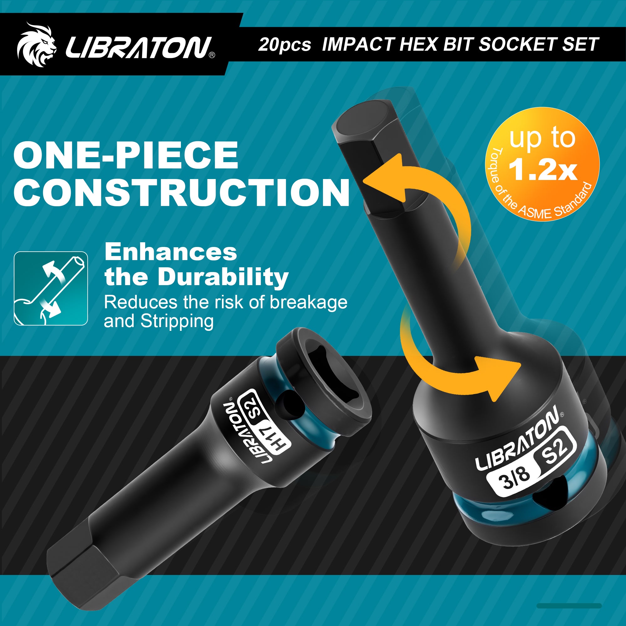 Libraton 20PCS 1/2" Drive Impact Hex Bit Socket Set, S2 Steel, Metric & SAE