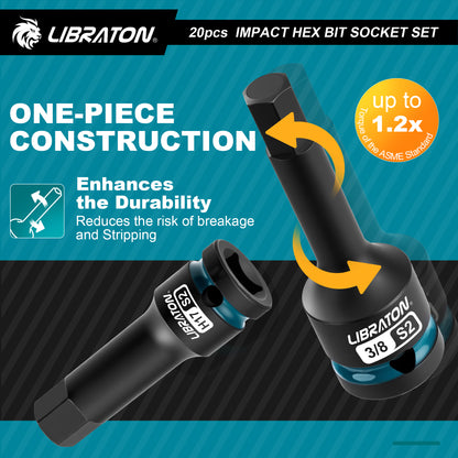 Libraton 20PCS 1/2" Drive Impact Hex Bit Socket Set, S2 Steel, Metric & SAE
