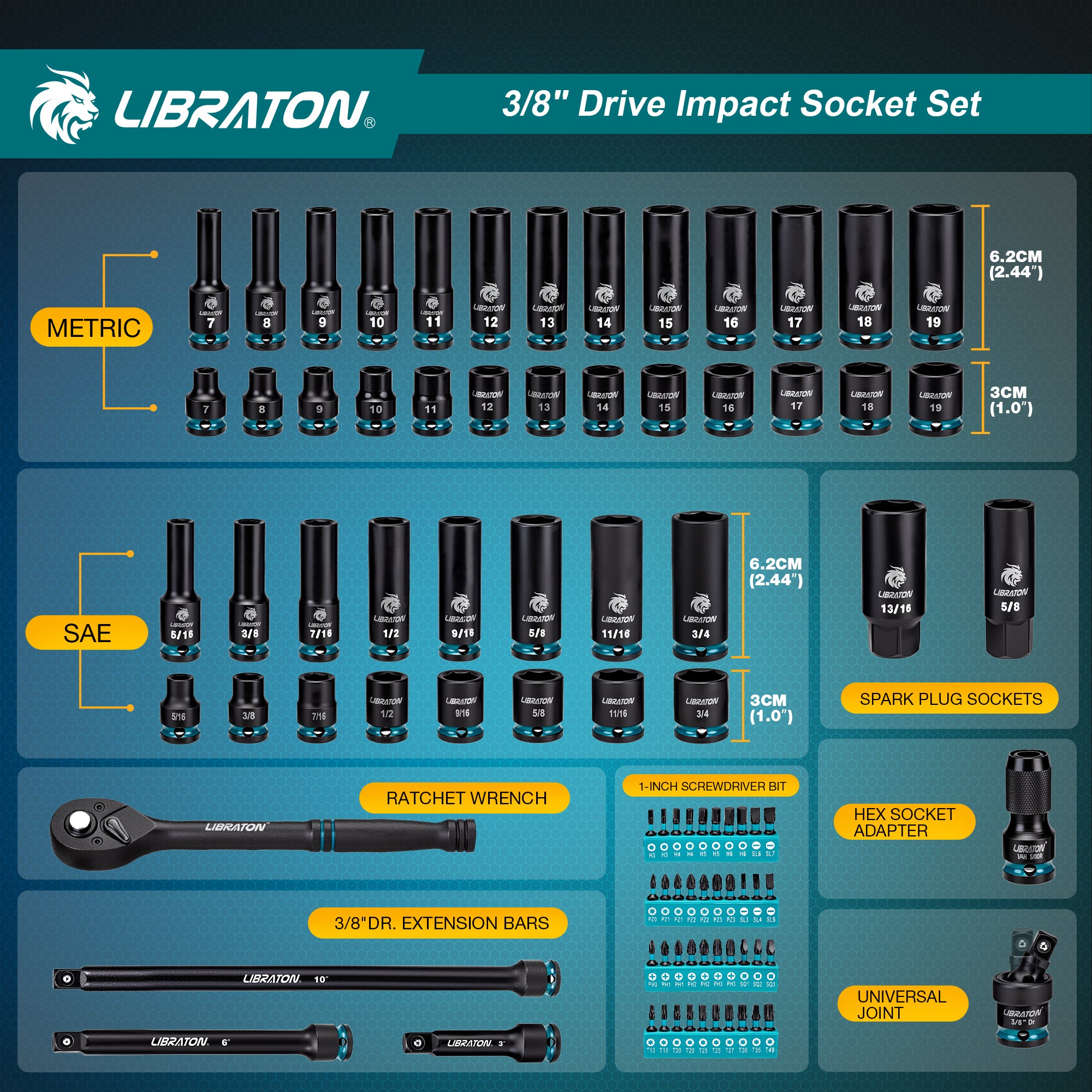 Libraton 90PCS 3/8" Drive Master Impact Socket & Ratchet Set - Product Description