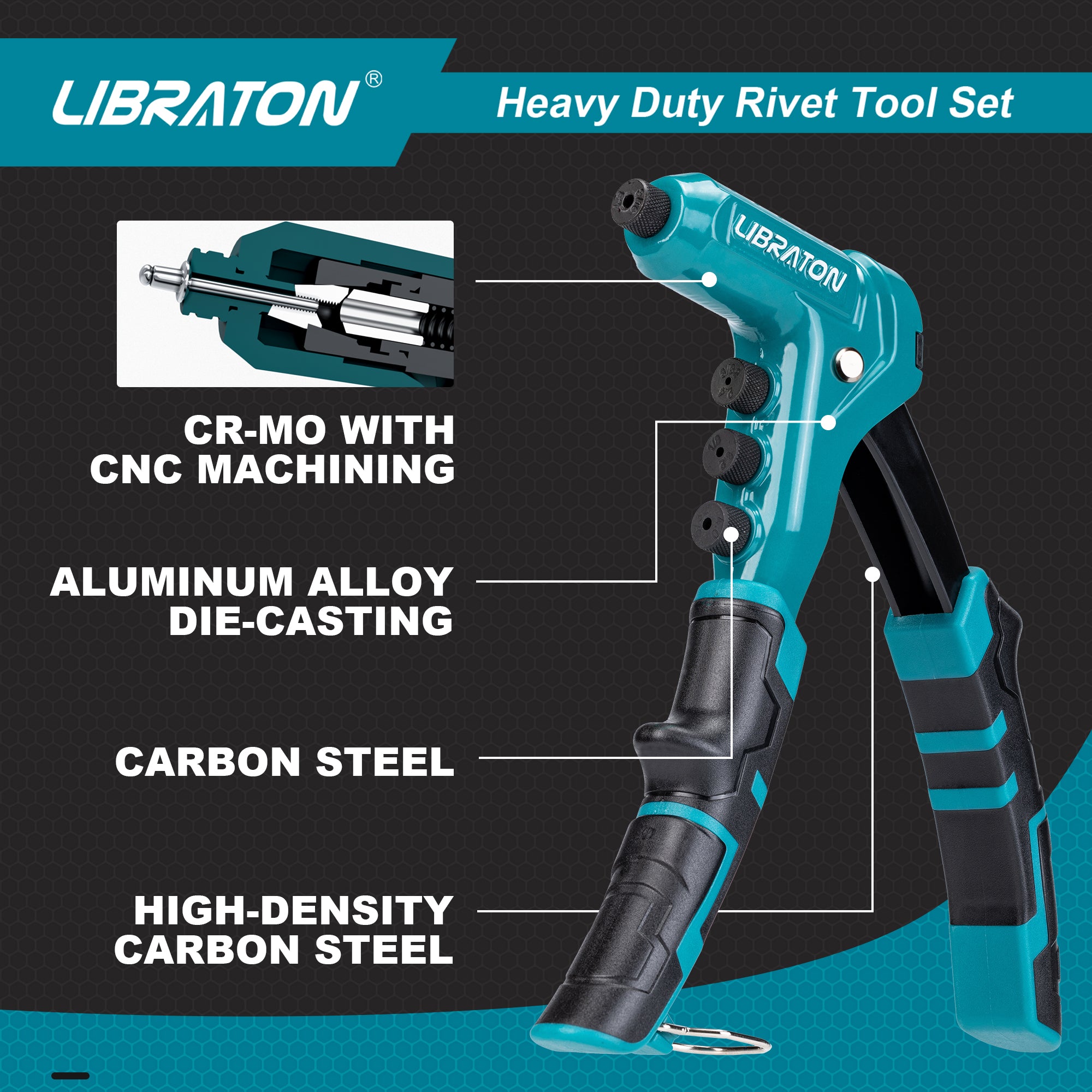 Libraton One-Handed Rivet Gun, Pop Rivet Gun Set, Professional Hand Riveter, Manual Riveting Tool with 200 Rivets for Metal, Includes 4 Drill Bits, 4 Tool-Free Interchangeable Heads, Storage Case