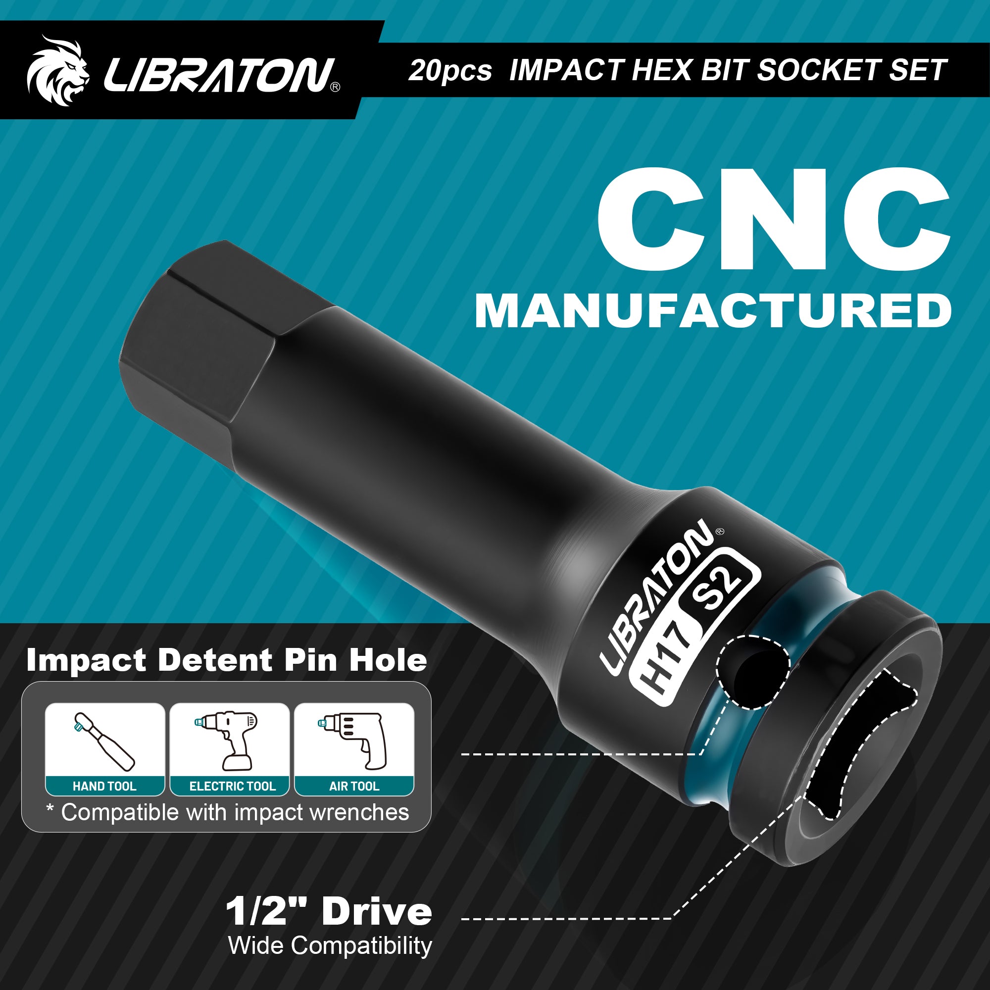 Libraton 20PCS 1/2" Drive Impact Hex Bit Socket Set, S2 Steel, Metric & SAE