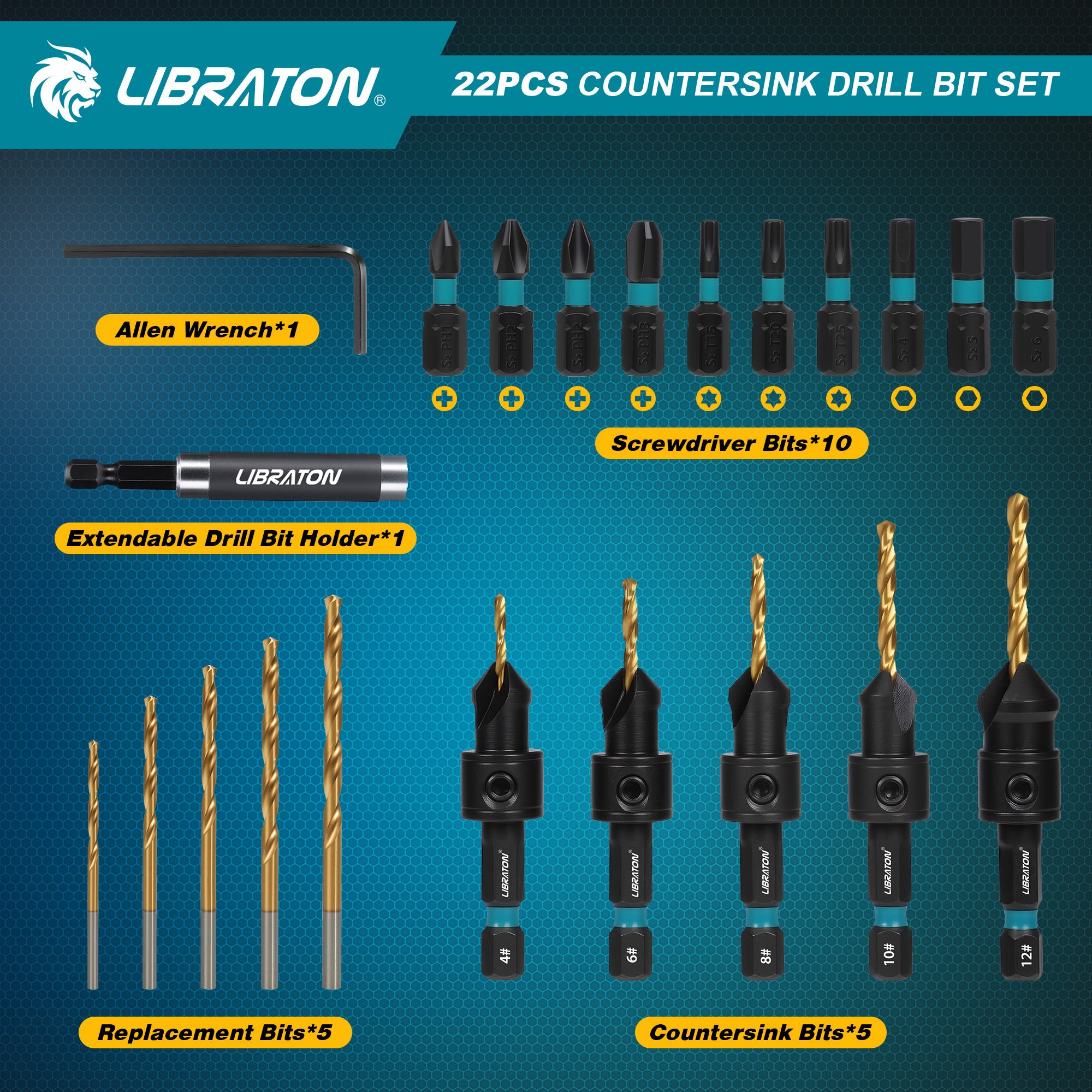 Libraton - Juego de 22 brocas avellanadoras ajustables, #4, #6, #8, #10, #12