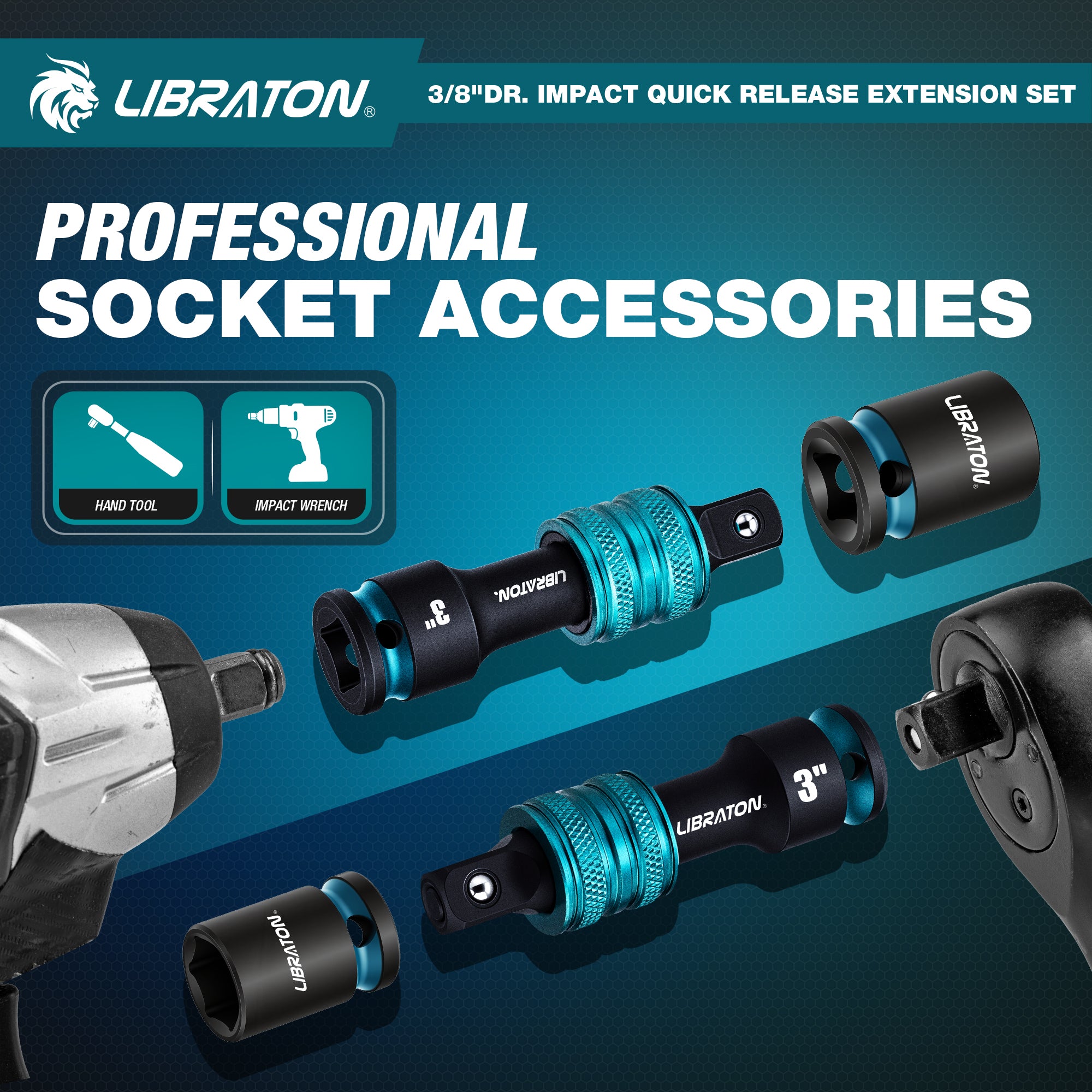 LIBRATON 3/8" Drive Locking Impact Extension Bar Set | 3-Piece Quick Release Socket Extensions