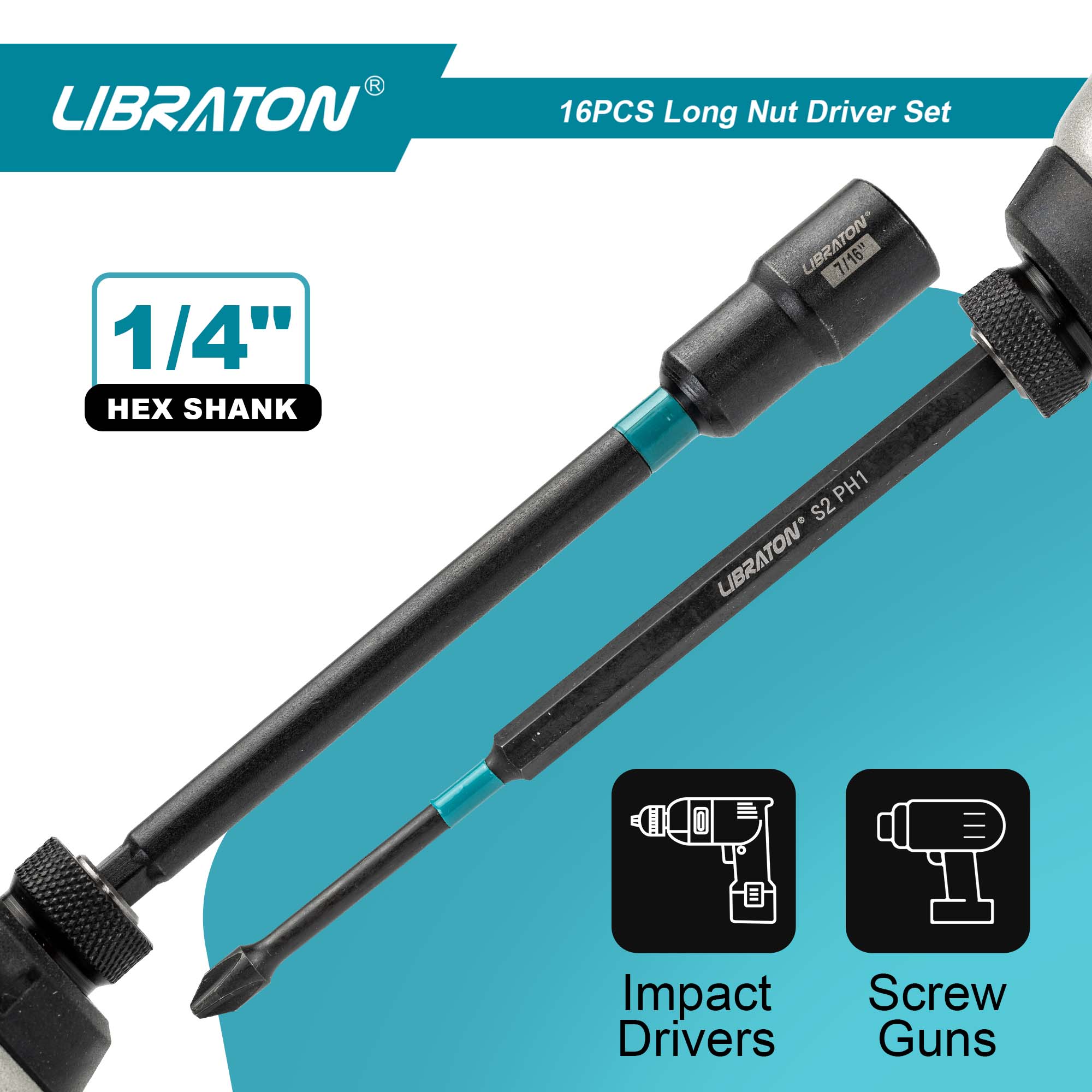 Libraton 16PCS Magnetic Nut Driver Set, 6" Long Metric & SAE Nut Drivers with PH Bits & Storage Bag