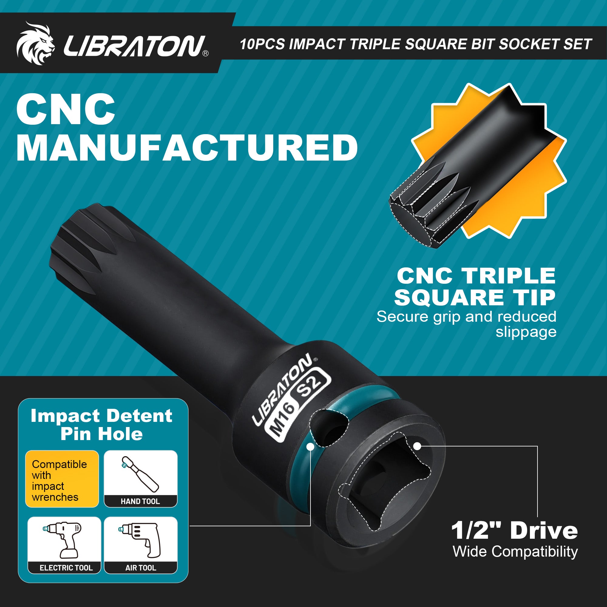 Libraton 10PCS 1/2" Drive Impact XZN Triple Square Bit Socket Set, S2 Steel