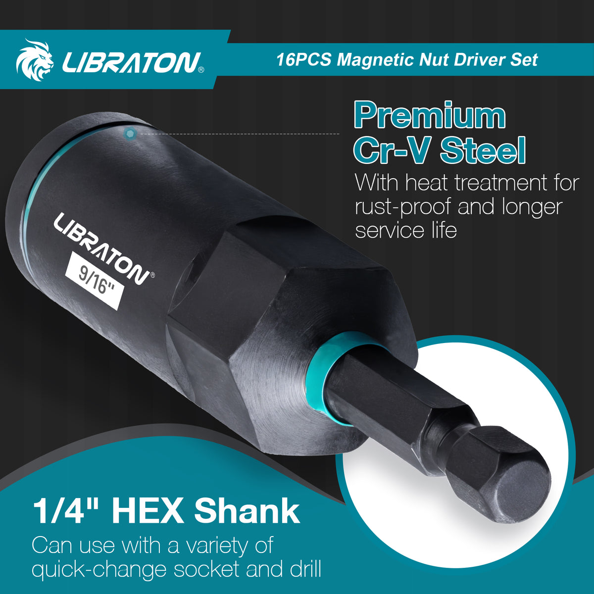 LIBRATON 16-Piece Magnetic Nut Driver Set, 1/4"-9/16" SAE&Metric, Car Repair Kit