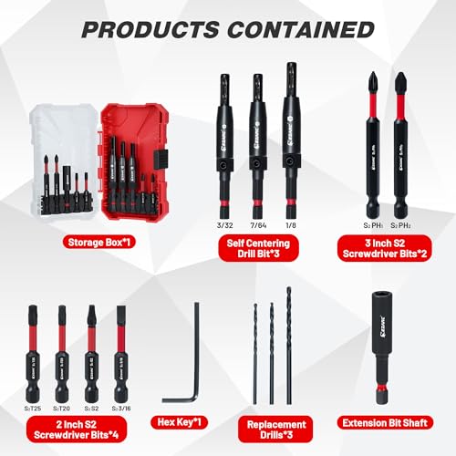 14PCS Self Centering Drill Bit Set, Center Drill Bit Set with Replacement Bits, Screwdriver Bits & Bit Holder - 1/4" Hex Shank for Cabinet Hinges & Woodworking with Storage Box