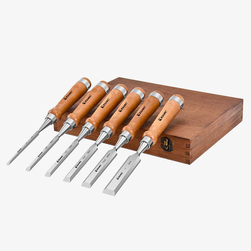 HRC60 Wood Chisel Set 6-Pack with Premium Wooden Case for Carpentry Craftsman