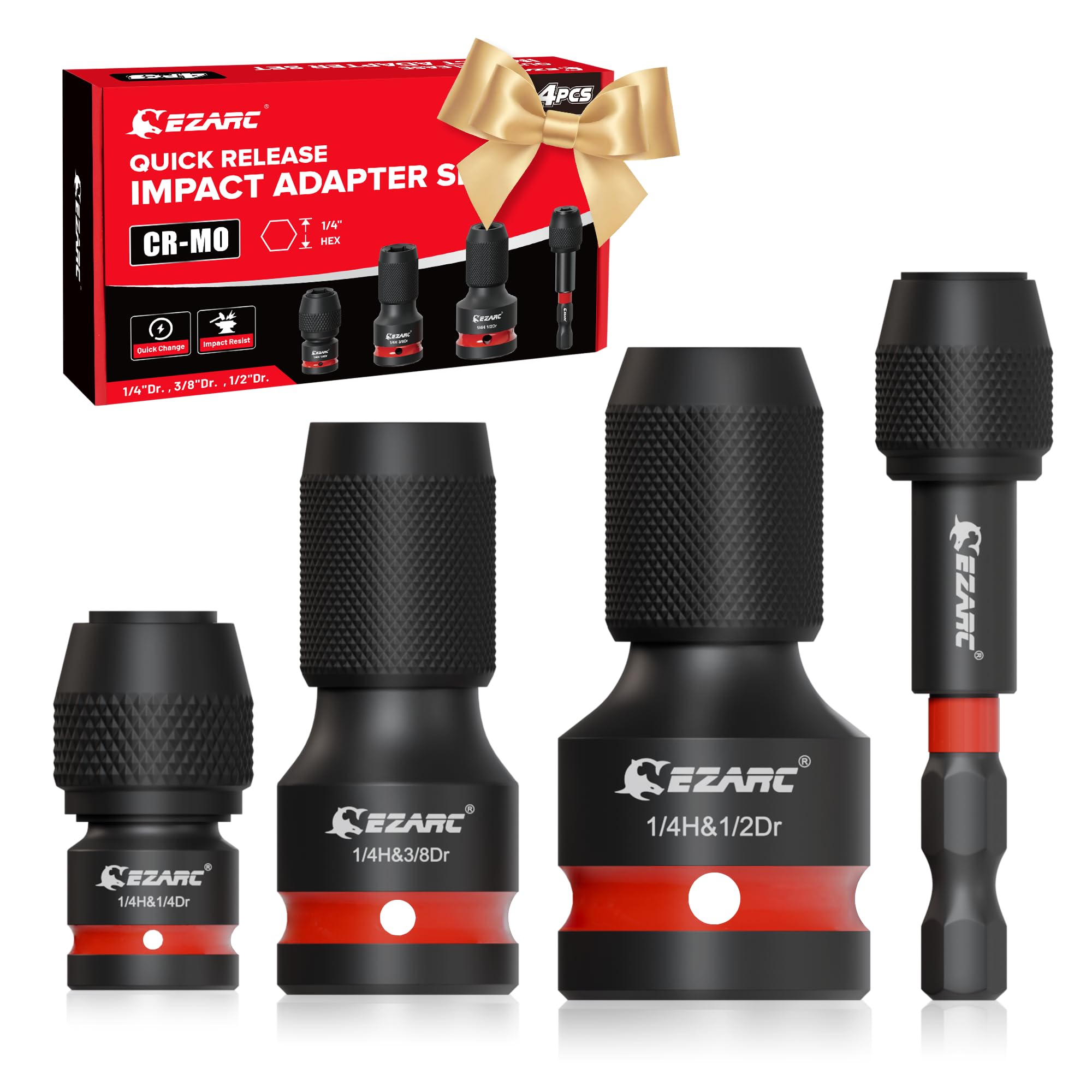 EZARC 4-Piece Impact Socket to 1/4″ Hex Adapter Set (1/2″, 3/8″, 1/4″)