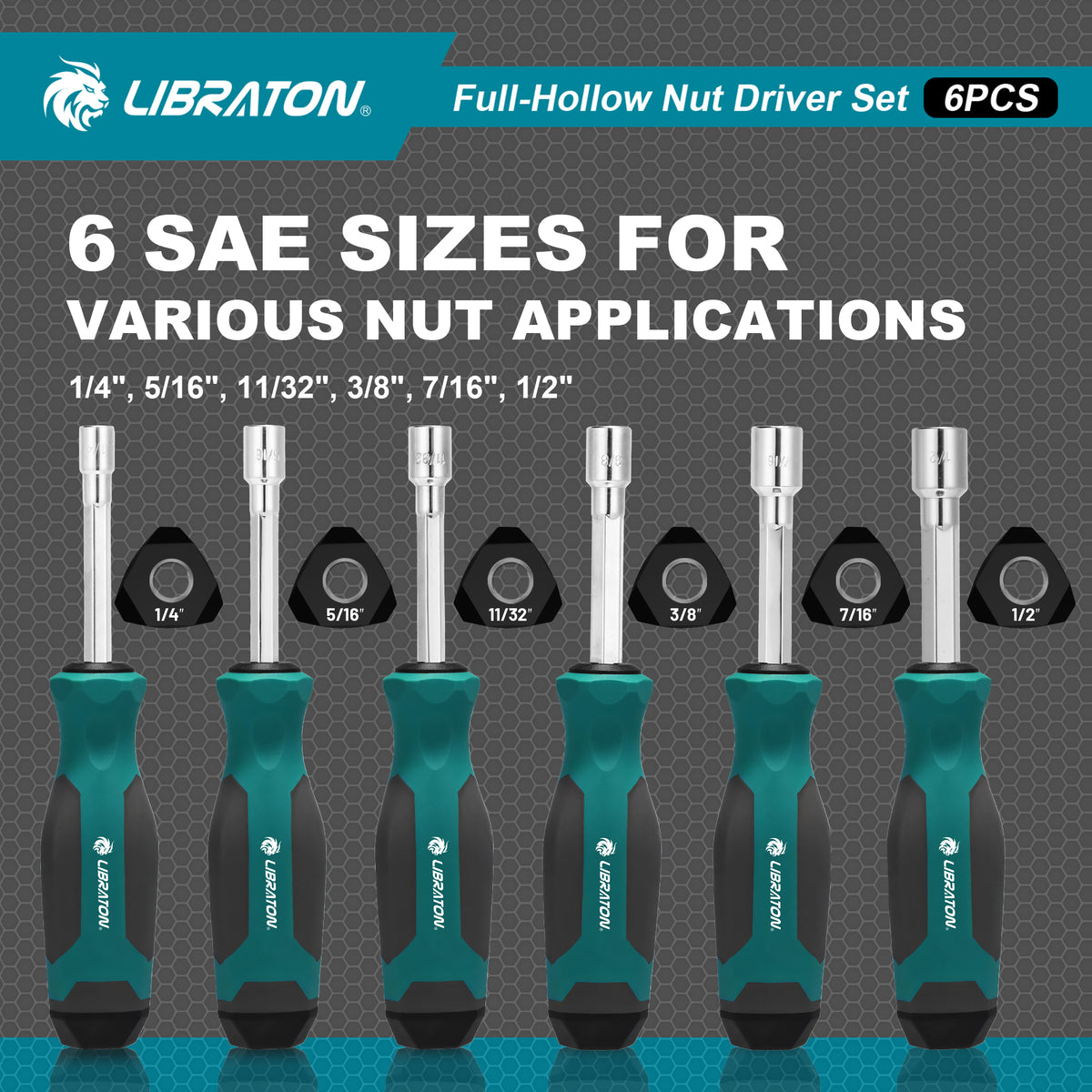 LIBRATON 6-Pc SAE Full-Hollow Nut Drivers – 12-Point Magnetic, 1/4" to 1/2" (6 Sizes), Long-Bolt Ready