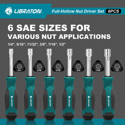 LIBRATON 6-Pc SAE Full-Hollow Nut Drivers – 12-Point Magnetic, 1/4" to 1/2" (6 Sizes), Long-Bolt Ready