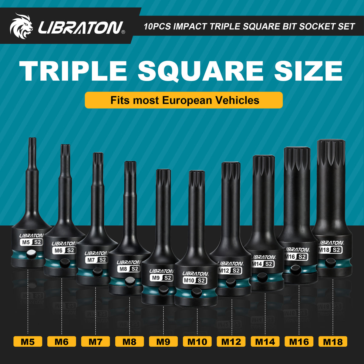 Libraton 10PCS 1/2" Drive Impact XZN Triple Square Bit Socket Set, S2 Steel