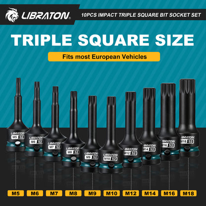 Libraton 10PCS 1/2" Drive Impact XZN Triple Square Bit Socket Set, S2 Steel