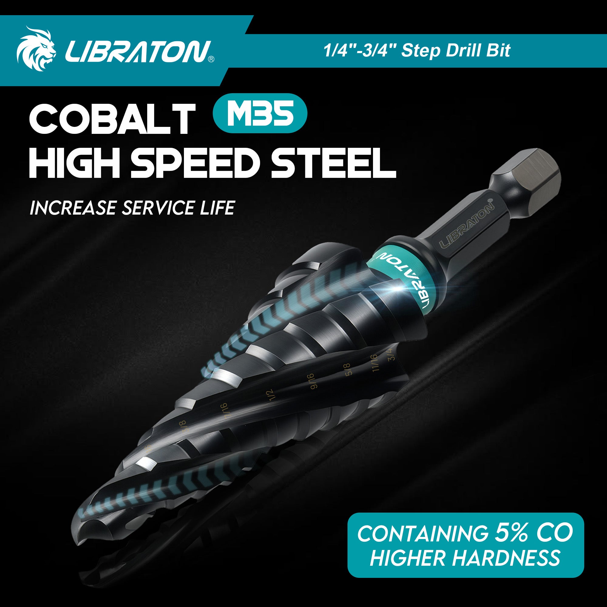 Libraton M35 Broca escalonada de cobalto de 1/4"-3/4", Unibit de cuatro flautas en espiral