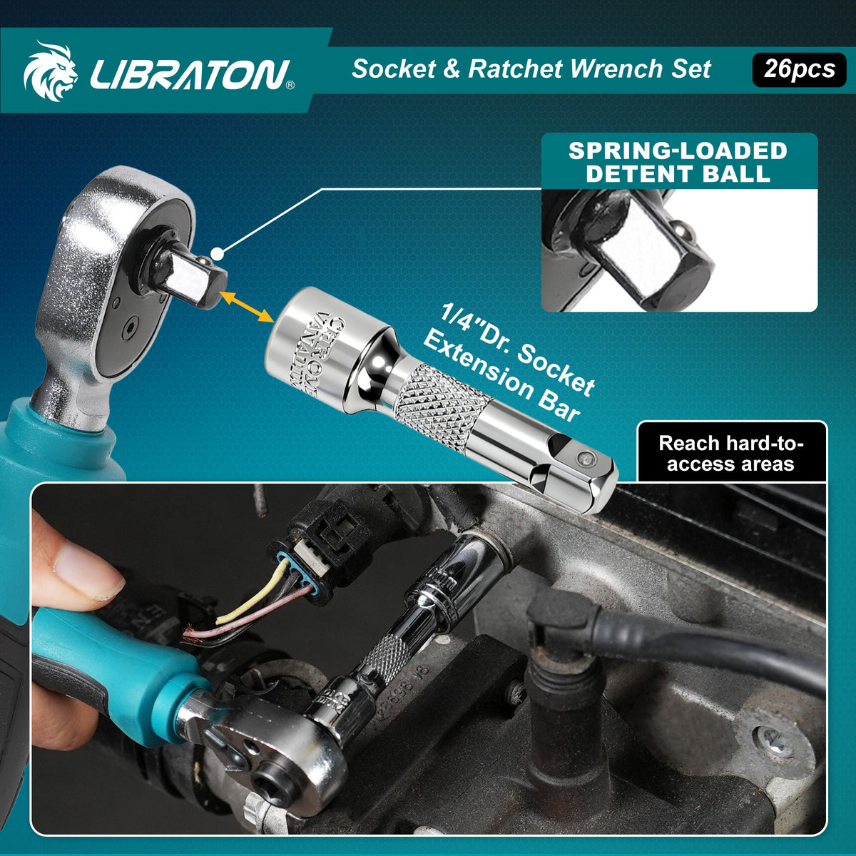 Libraton 26PCS 1/4" Drive Mini Socket & Ratchet Wrench Set with Bits