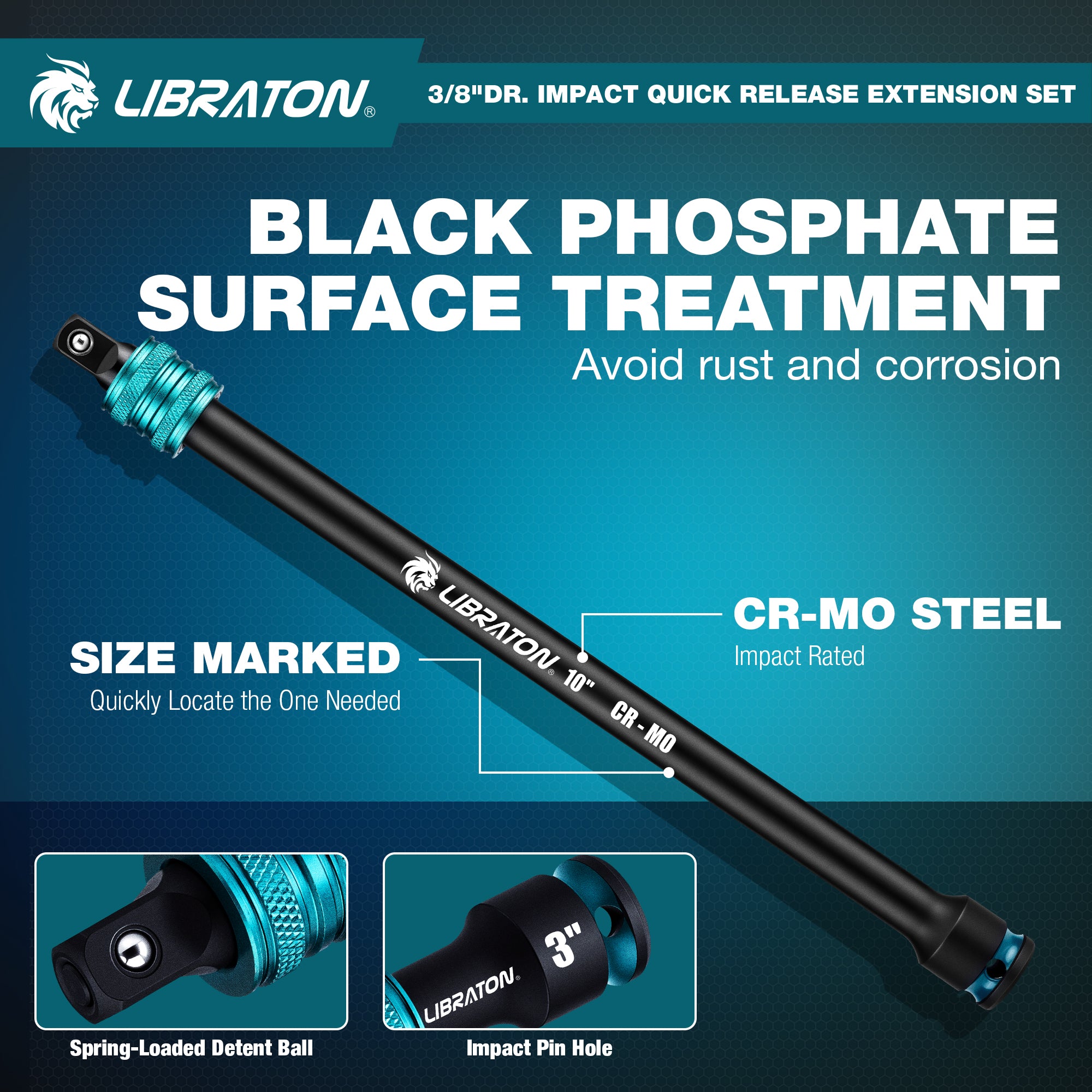 LIBRATON 3/8" Drive Locking Impact Extension Bar Set | 3-Piece Quick Release Socket Extensions