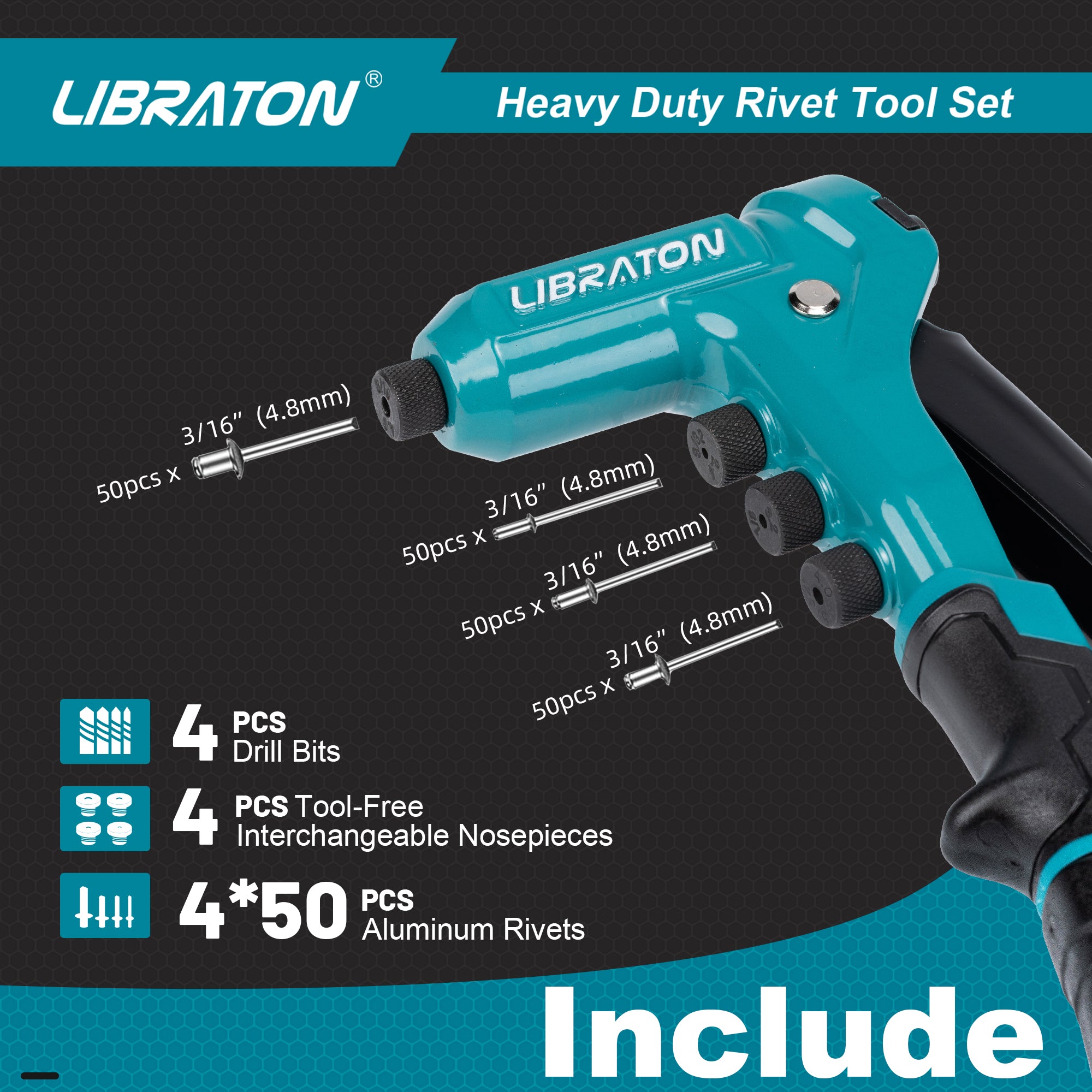 Libraton One-Handed Rivet Gun, Pop Rivet Gun Set, Professional Hand Riveter, Manual Riveting Tool with 200 Rivets for Metal, Includes 4 Drill Bits, 4 Tool-Free Interchangeable Heads, Storage Case