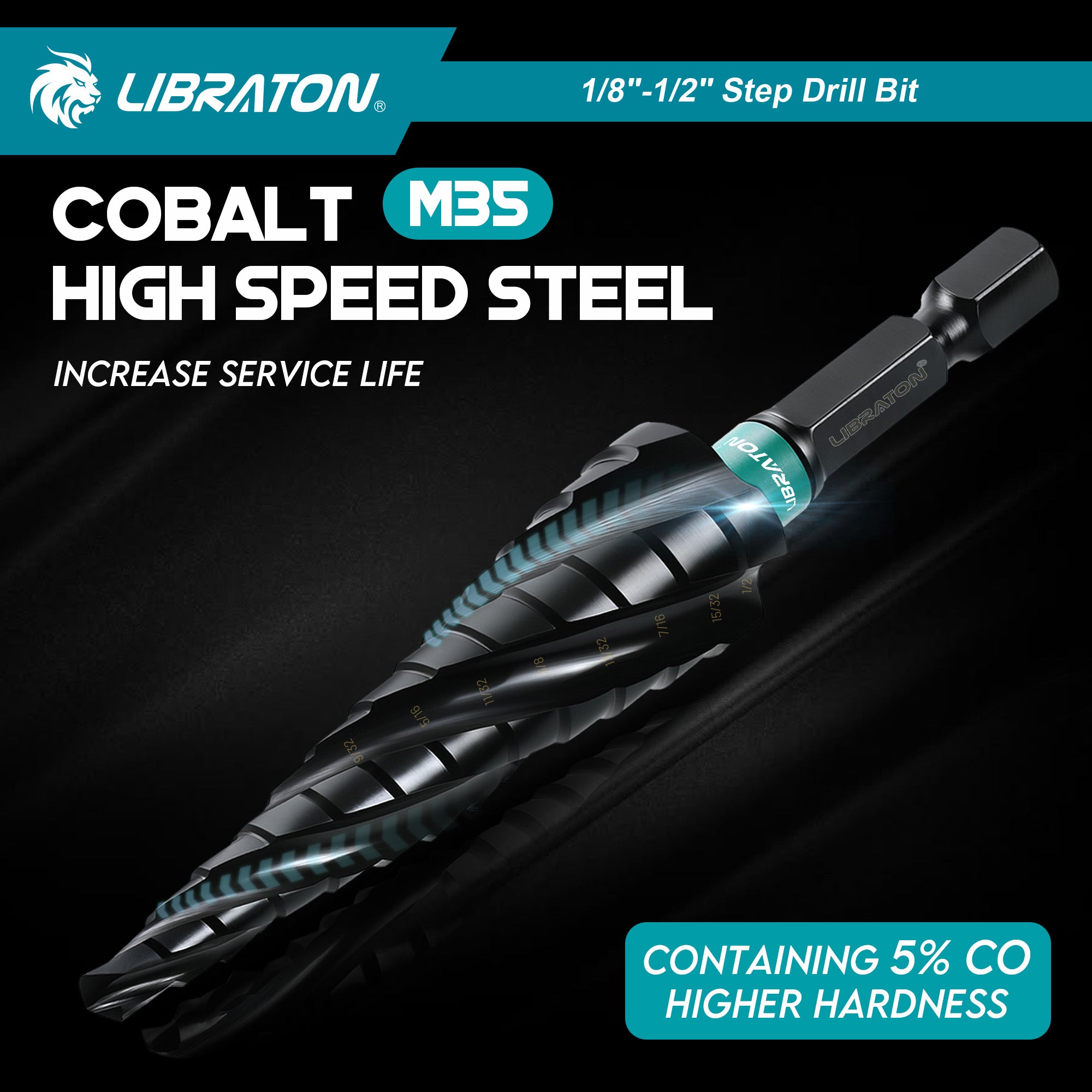 Libraton M35 Broca escalonada de cobalto de 1/8"-1/2", Unibit de cuatro estrías en espiral