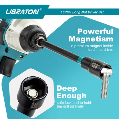 Libraton 16PCS Magnetic Nut Driver Set, 6" Long Metric & SAE Nut Drivers with PH Bits & Storage Bag