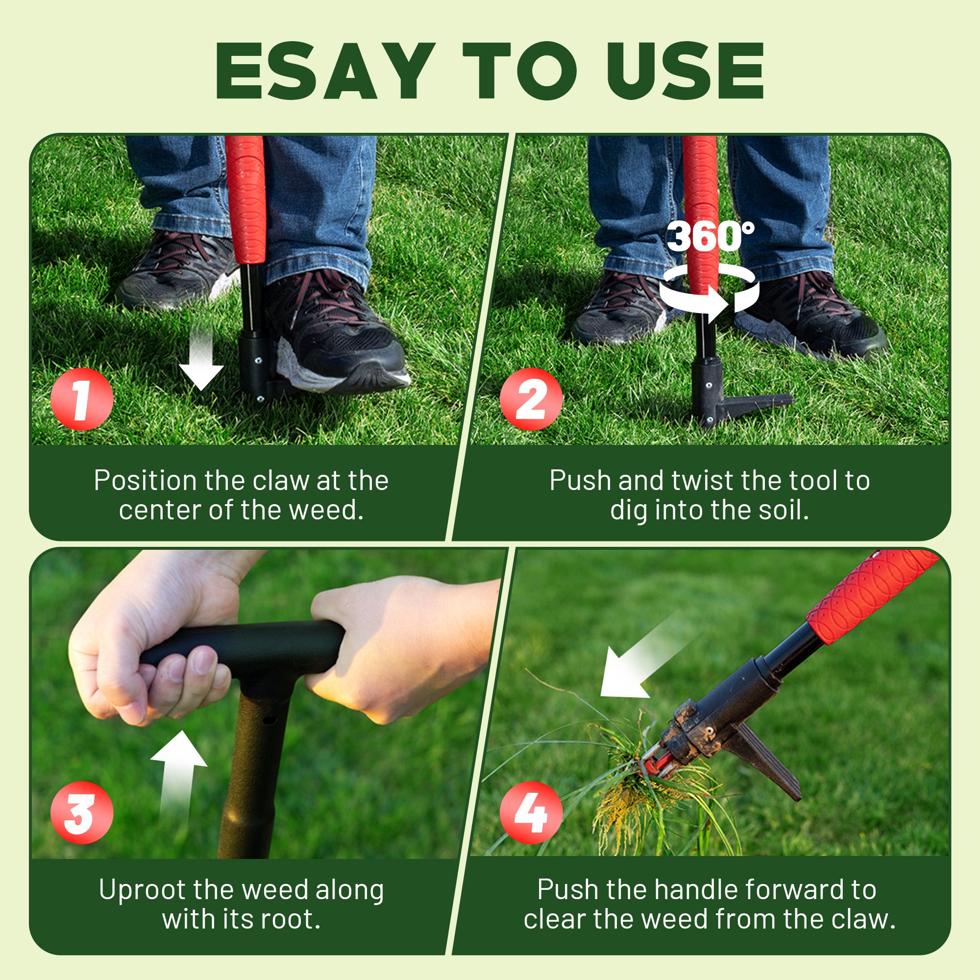 EZARC Stand Up Weed Puller Tool,  Long Handle with Easy-Eject Mechanism, L-Shape Crack Weeder (2 Pack) - EZARC Tools