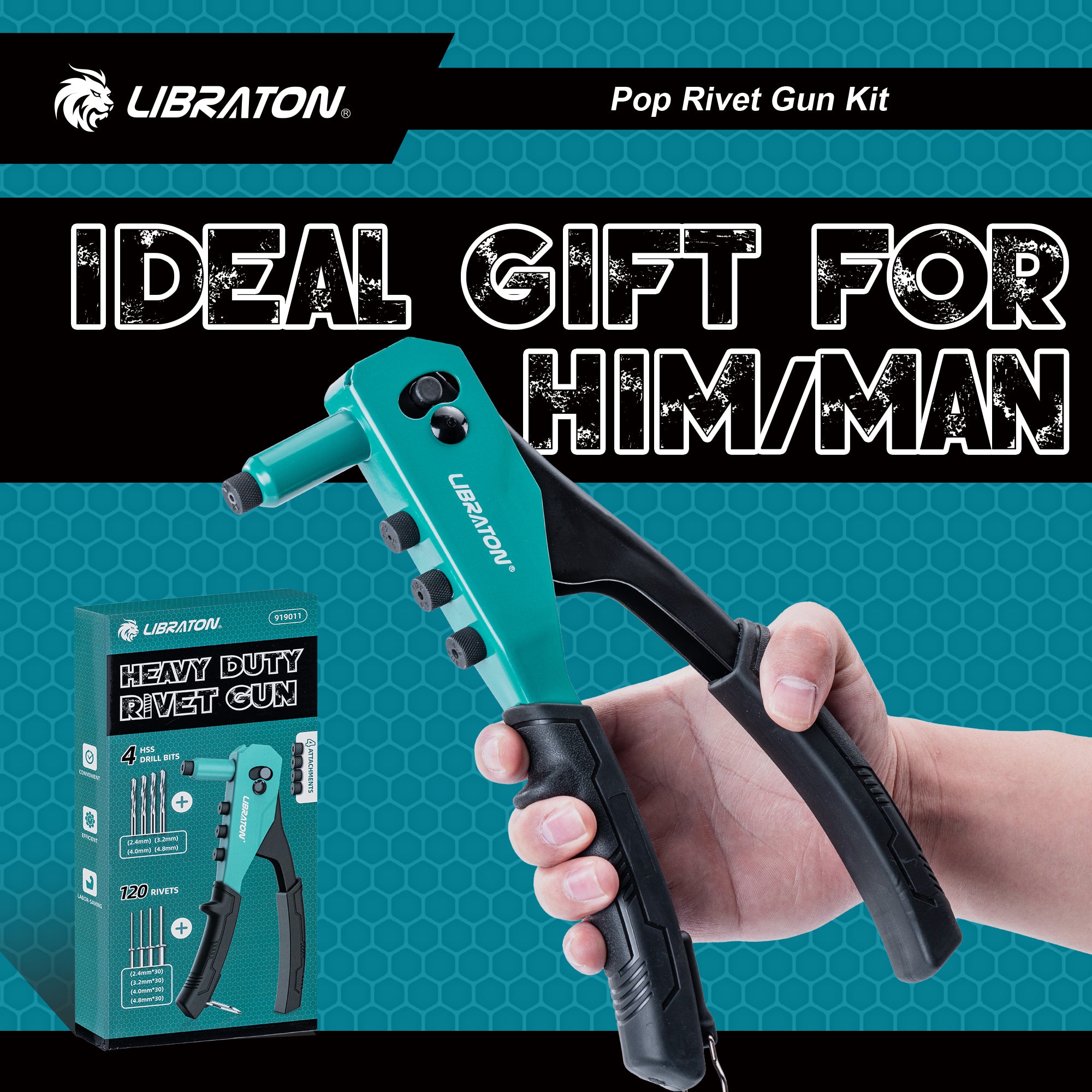 LIBRATON Rivet Gun Set, Pop Rivet Gun, Heavy Duty Rivet Tool, Professional Hand Riveter, Manual Riveting Tool with 120 Blind Rivets, 4 HSS Drill Bits, 4 Tool-free Interchangeable Heads
