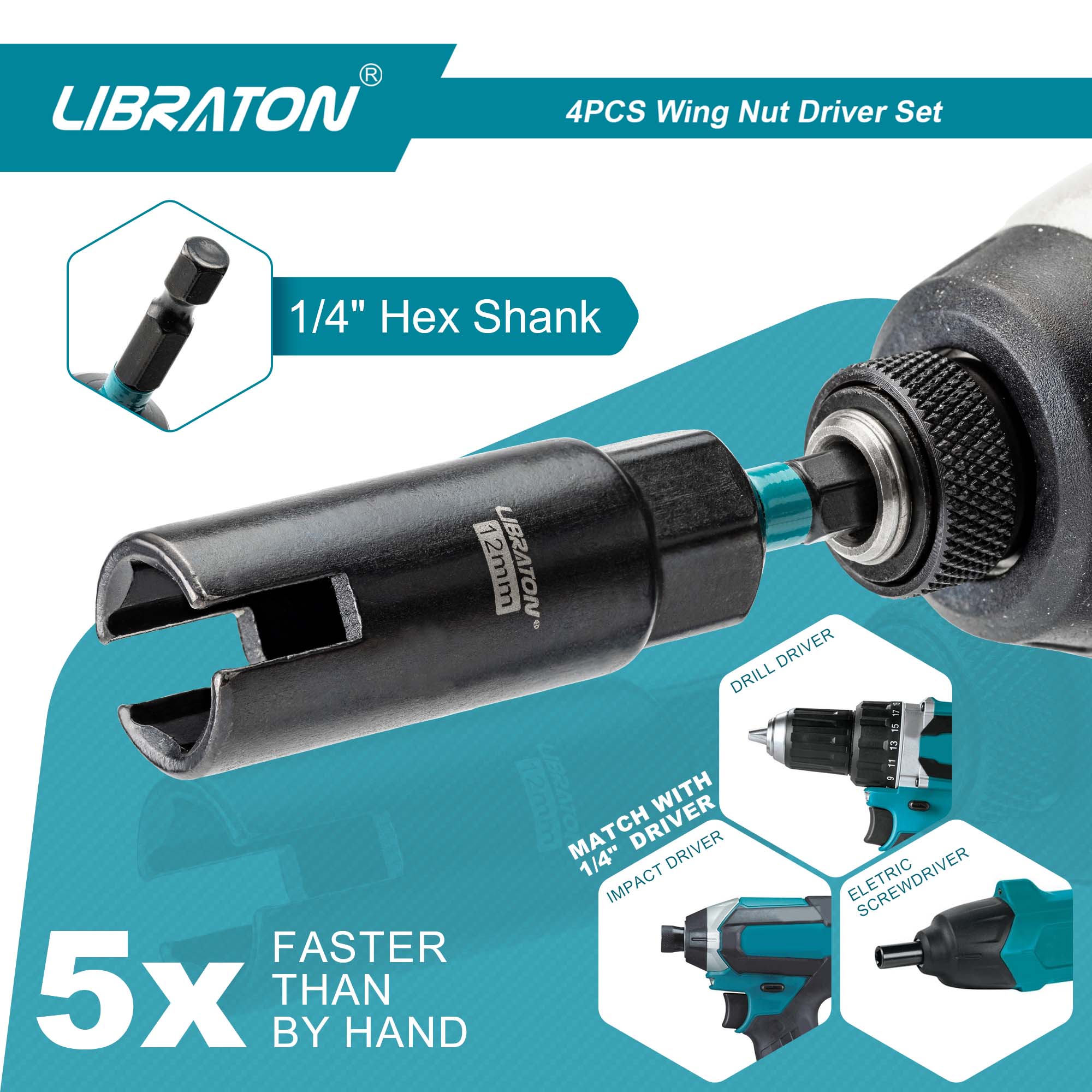 Libraton 4PCS Wing Nut Driver Set, 1/4" Hex Shank 9mm-18mm with EVA Case