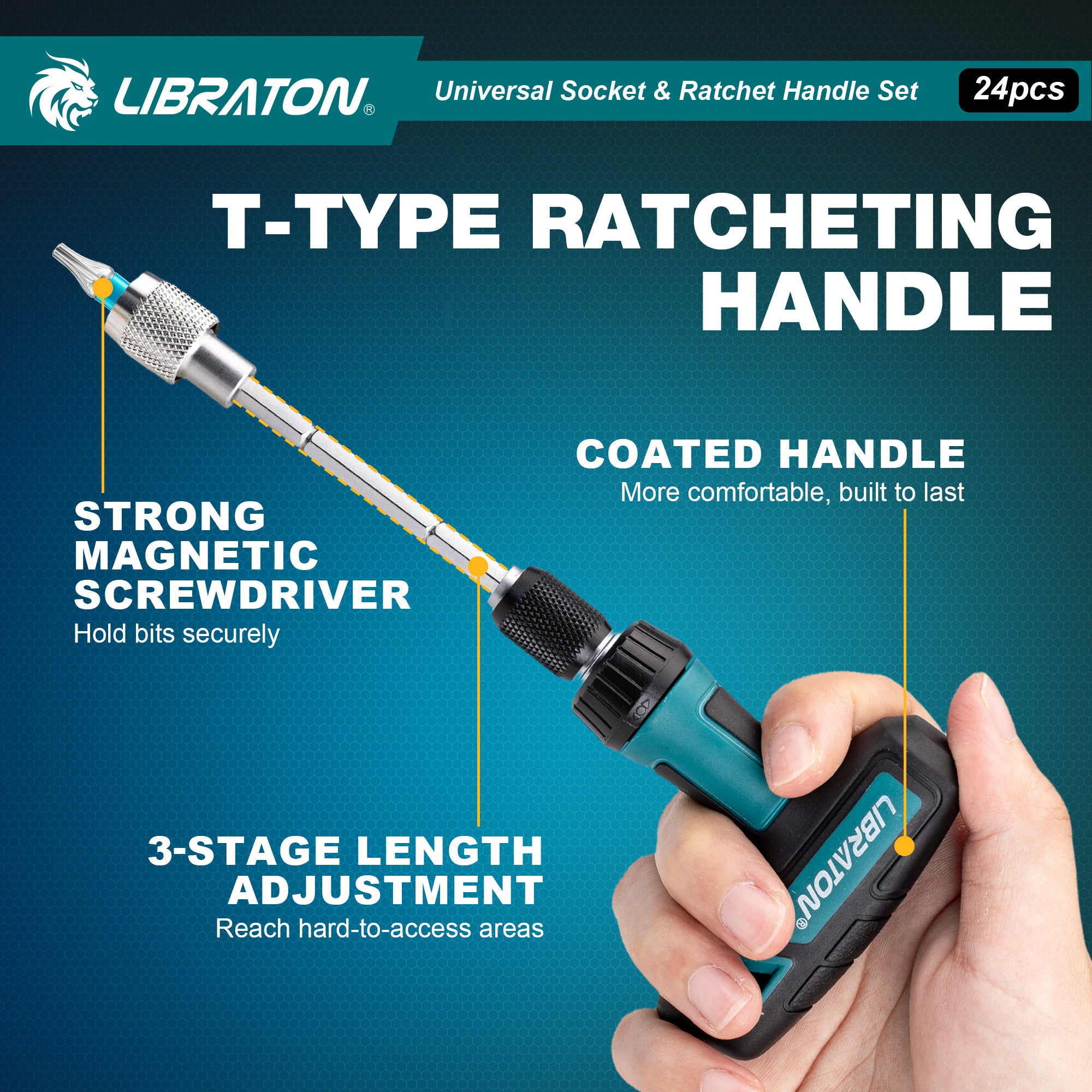 Libraton 24PCS Universal Socket & Ratchet T-Handle Master Set - Product Description