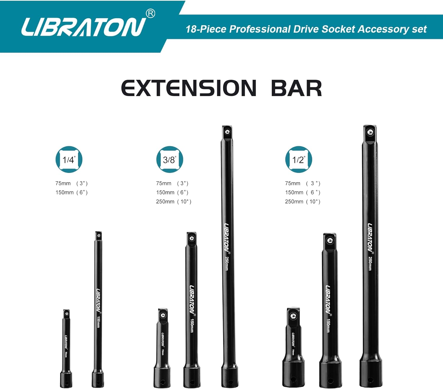 Libraton 18PCS Socket Extension and Ratchet Accessory Set, 1/4" 3/8" 1/2"