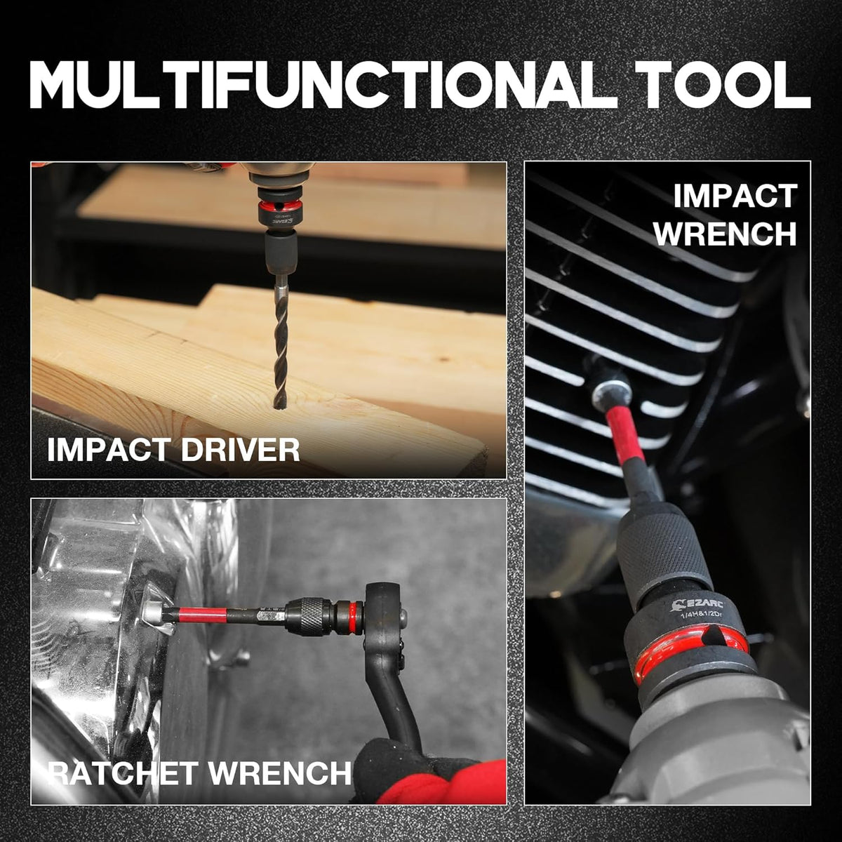 EZARC 4-Piece Impact Socket to 1/4″ Hex Adapter Set (1/2″, 3/8″, 1/4″)