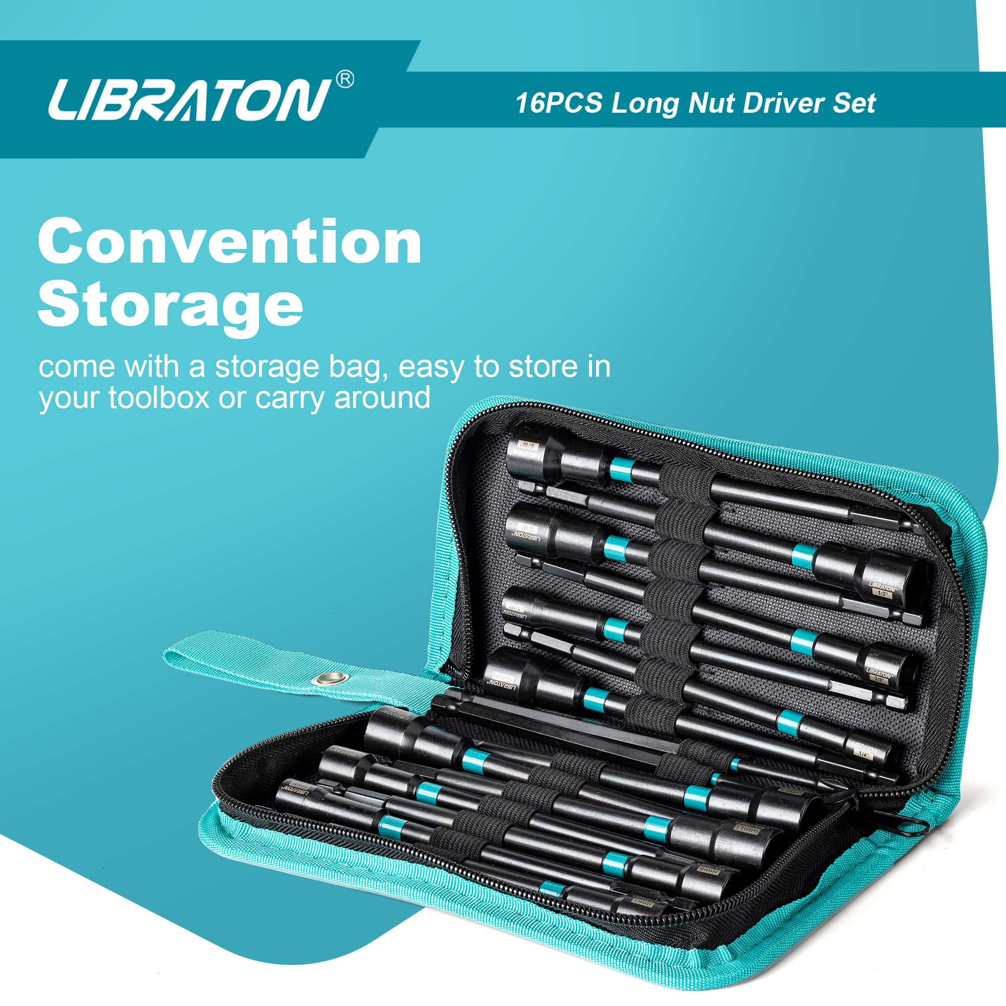 Libraton 16PCS Magnetic Nut Driver Set, 6" Long Metric & SAE Nut Drivers with PH Bits & Storage Bag